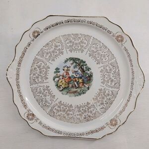 Vintage Harker Pottery Cake Plate Colonial Courting Couple Gold Trim